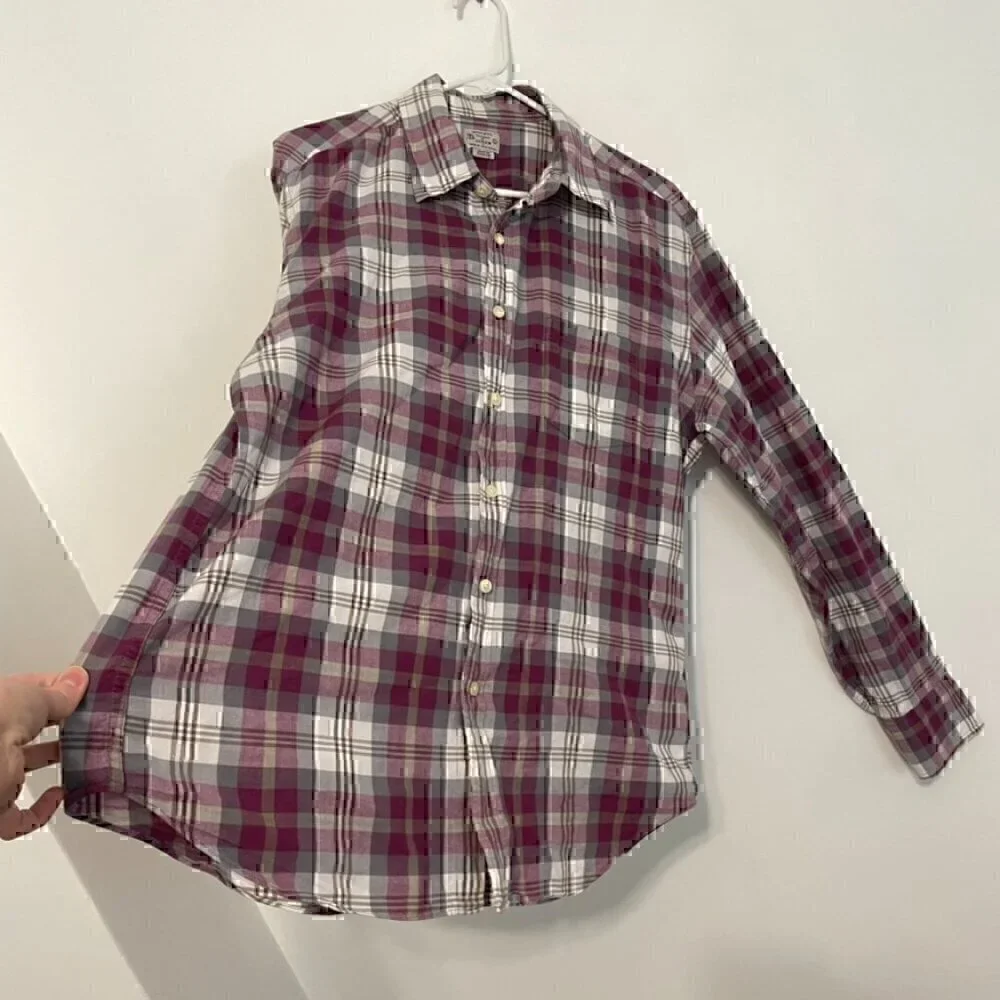 J. CREW Mens Madras Shirts Tailored Purple Gray Plaid Long Sleeve Button Down L